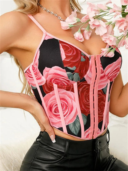 Sleeveless Strap Low-cut Backless Flowers Print Slim Fit Summer Vest Bustiers Party Club Streetwear Crop Top