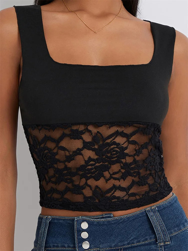 Women Camisole Sleeveless Cropped Square Neck Lace Patchwork Slim Fit Summer Vest for Party Club Streetwear 2024 Crop Top Main image