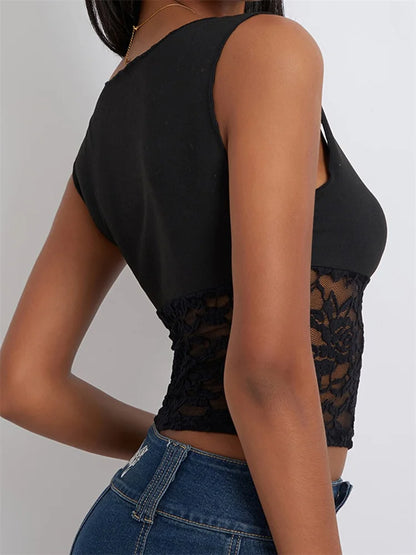 Women Camisole Sleeveless Cropped Square Neck Lace Patchwork Slim Fit Summer Vest for Party Club Streetwear 2024 Crop Top