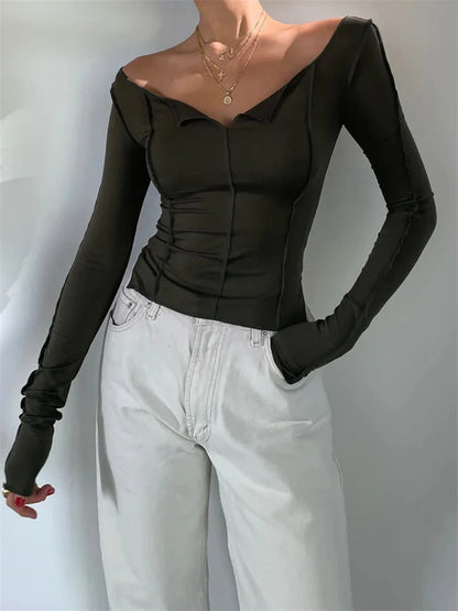 Casual Ruched Long Sleeve Spring Fall Slim Fit Pullovers Female T-shirts