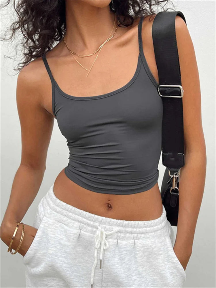 Casual Sleeveless Strap Summer Solid Slim Fit Pullovers Mini Vest Female Streetwear Basic 2024 Crop Top