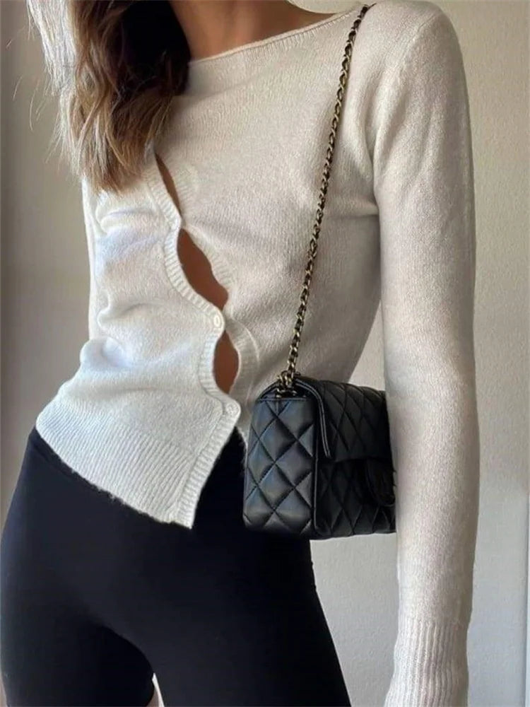 Cropped Knitted Fall Spring Chic Solid Long Sleeve Casual T-shirts Main image