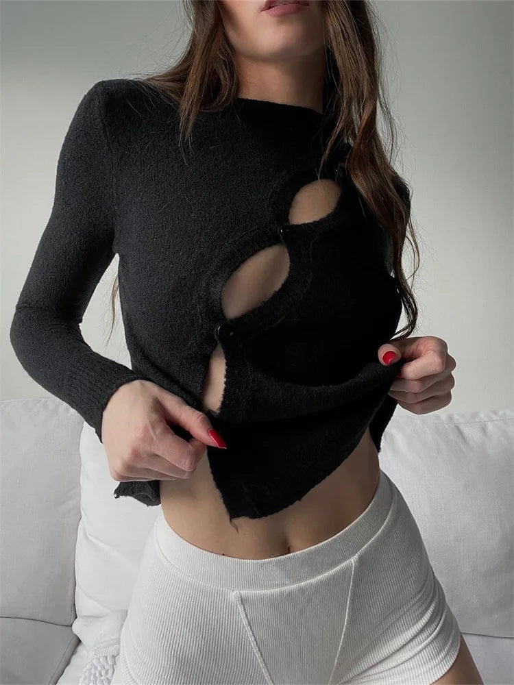Cropped Knitted Fall Spring Chic Solid Long Sleeve Casual T-shirts