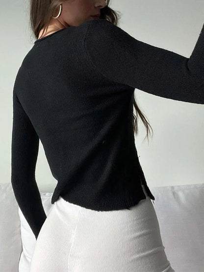 Cropped Knitted Fall Spring Chic Solid Long Sleeve Casual T-shirts