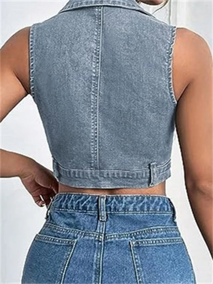 Women Cropped Sleeveless V-neck Turn-down Collar Front Zip Up Denim Mini Vest Summer Party Streetwear 2024 Crop Top