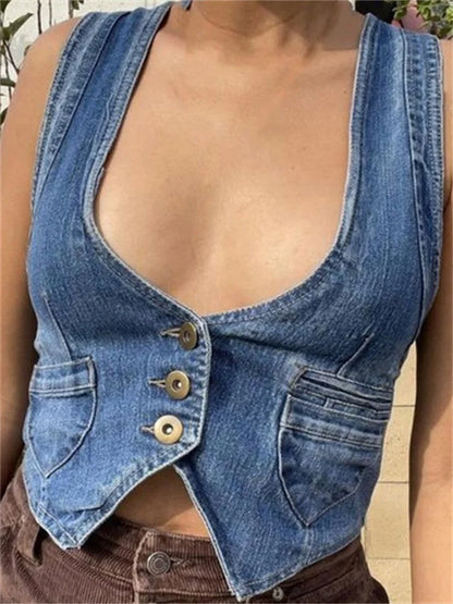 Women Denim Vest Sleeveless Deep V Neck Buttons Up Outwear Gilet with Pockets Casual Slim Exposed Navel Clubwear Crop Top