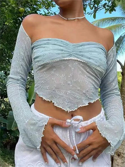 Women Flower Embroidery Tube Strapless Off Shoulder Mesh See Through Vest Summer with Long Sleeve T-shirts Crop Top