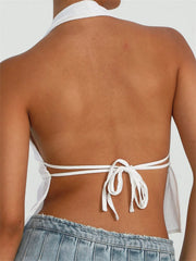 Front Split Low Cut Halter Sleeveless Backless Off Shoulder Lace-up  Mini Vest Streetwear Crop Top
