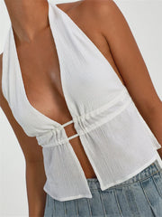 Front Split Low Cut Halter Sleeveless Backless Off Shoulder Lace-up  Mini Vest Streetwear Crop Top