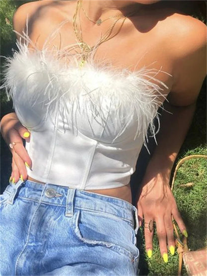 Women Fur Feather Patchwork Tube 2024 New Sexy Summer Strapless Off Shoulder Backless Back Zip Up Slim Vest Crop Top