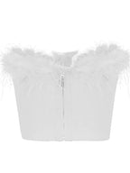 Women Fur Feather Patchwork Tube 2024 New  Summer Strapless Off Shoulder Backless Back Zip Up Slim Vest Crop Top