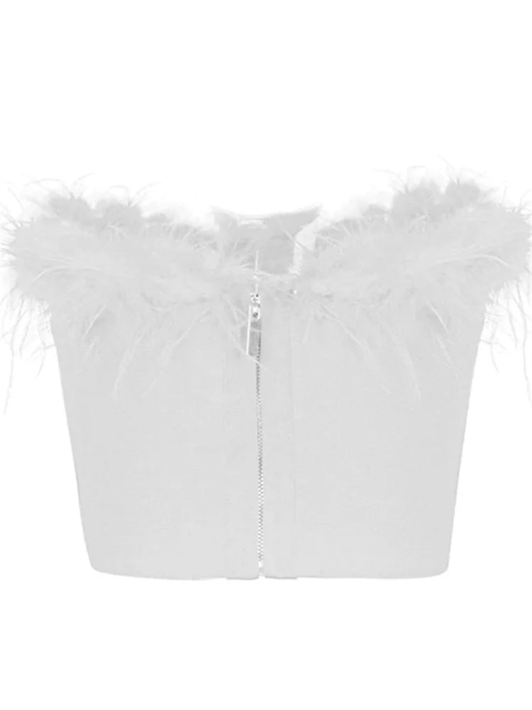 Women Fur Feather Patchwork Tube 2024 New  Summer Strapless Off Shoulder Backless Back Zip Up Slim Vest Crop Top