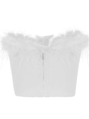 Women Fur Feather Patchwork Tube 2024 New  Summer Strapless Off Shoulder Backless Back Zip Up Slim Vest Crop Top