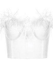 Women Fur Feather Patchwork Tube 2024 New  Summer Strapless Off Shoulder Backless Back Zip Up Slim Vest Crop Top
