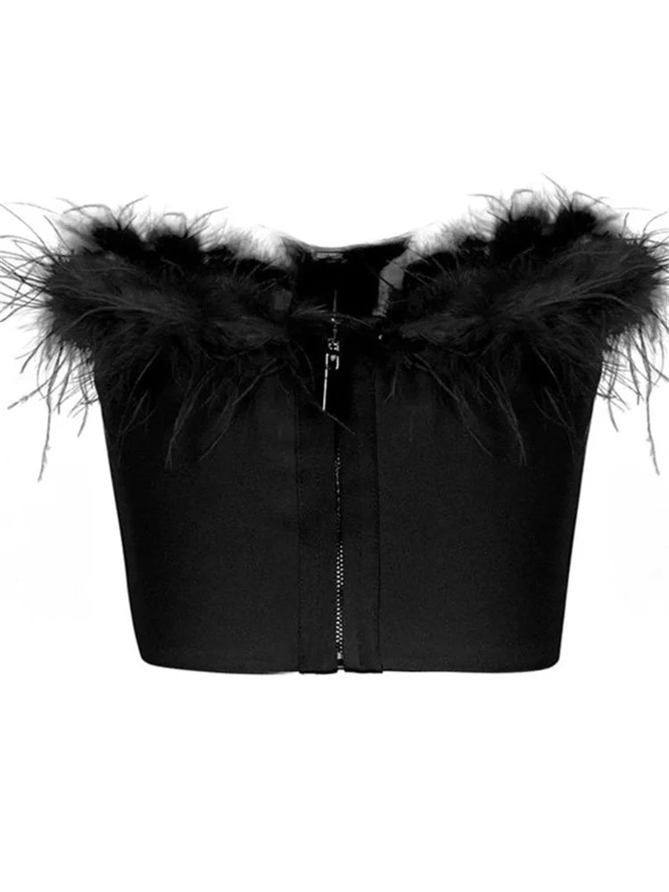 Women Fur Feather Patchwork Tube 2024 New Sexy Summer Strapless Off Shoulder Backless Back Zip Up Slim Vest Crop Top