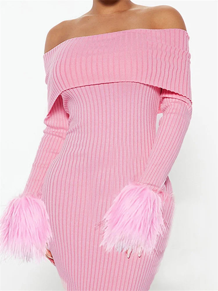 Knitted Long Sleeve Off-Shoulder Fur Patchwork Ribbed Bodycon Midi Dress Main image