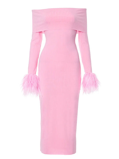 Knitted Long Sleeve Off-Shoulder Fur Patchwork Ribbed Bodycon Midi Dress