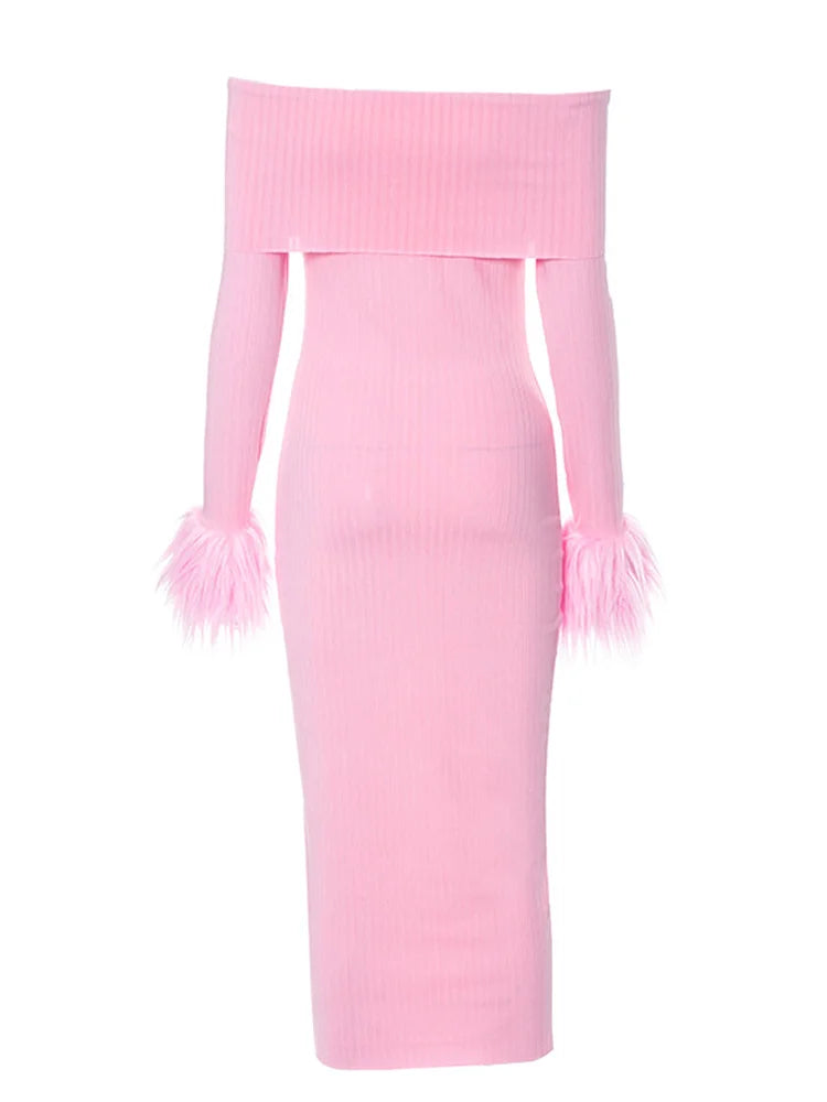 Knitted Long Sleeve Off-Shoulder Fur Patchwork Ribbed Bodycon Midi Dress
