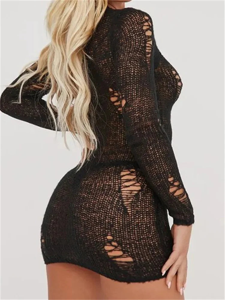 Knitted Round Neck Hollow Out See Through Bodycon Mini Dresses