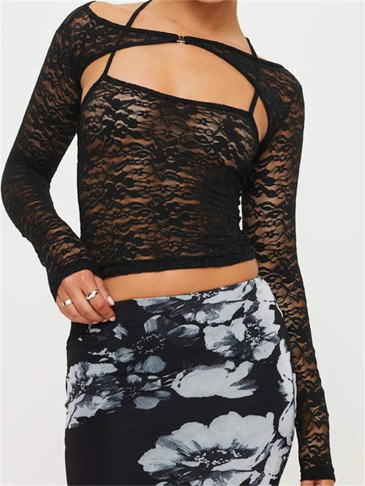 Women Lace Spaghetti Strap Sleeveless Backless See Through Mini Vest with Long Sleeve Shrugs 2024 New Crop Top Main image