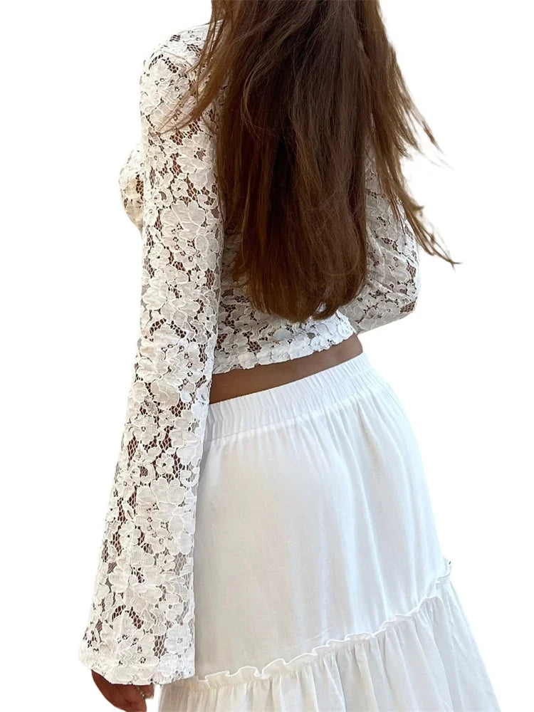 Lace Floral Hollow Out Cropped Long Flare Sleeve V-neck Slim Fit Solid T-shirts