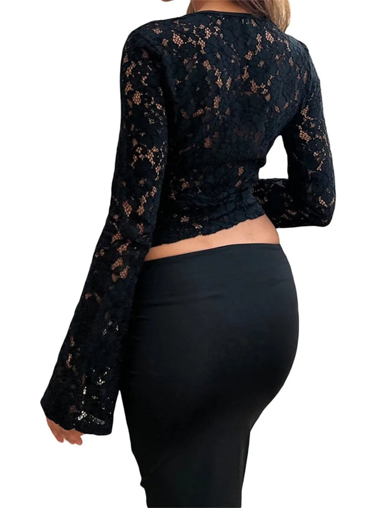 Lace Floral Hollow Out Cropped Long Flare Sleeve V-neck Slim Fit Solid T-shirts