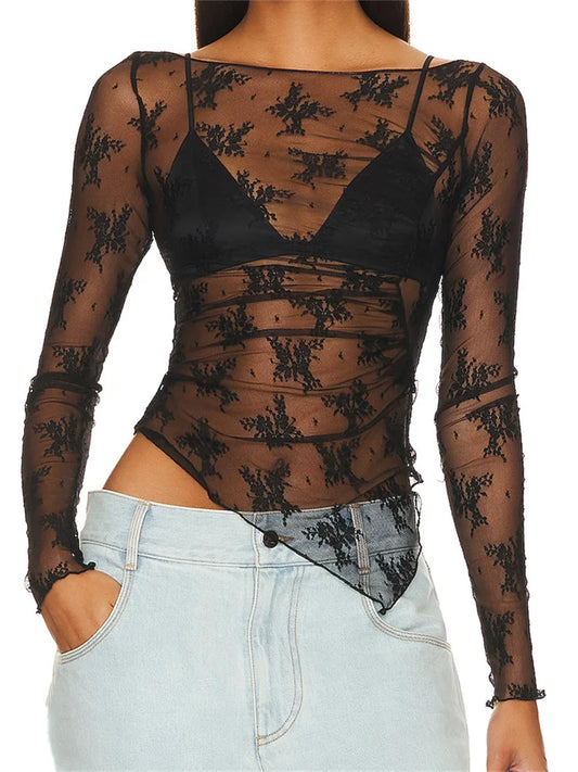 Lace Floral Long Sleeve Asymmetrical Hem Crop Mesh See Through Black Slim T-shirts