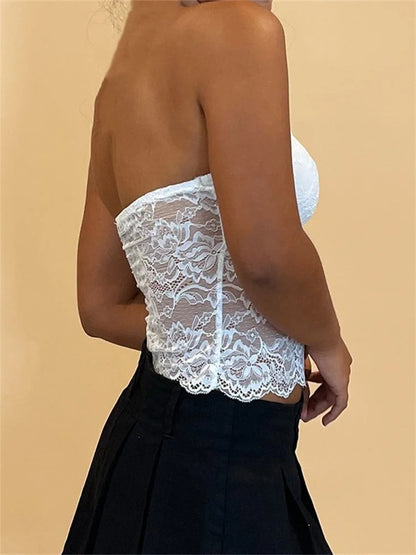 Lace Patchwork Floral Tube Summer Strapless Off Shoulder Cropped Backless Streetwear Aesthetic Grunge Tank Crop Top