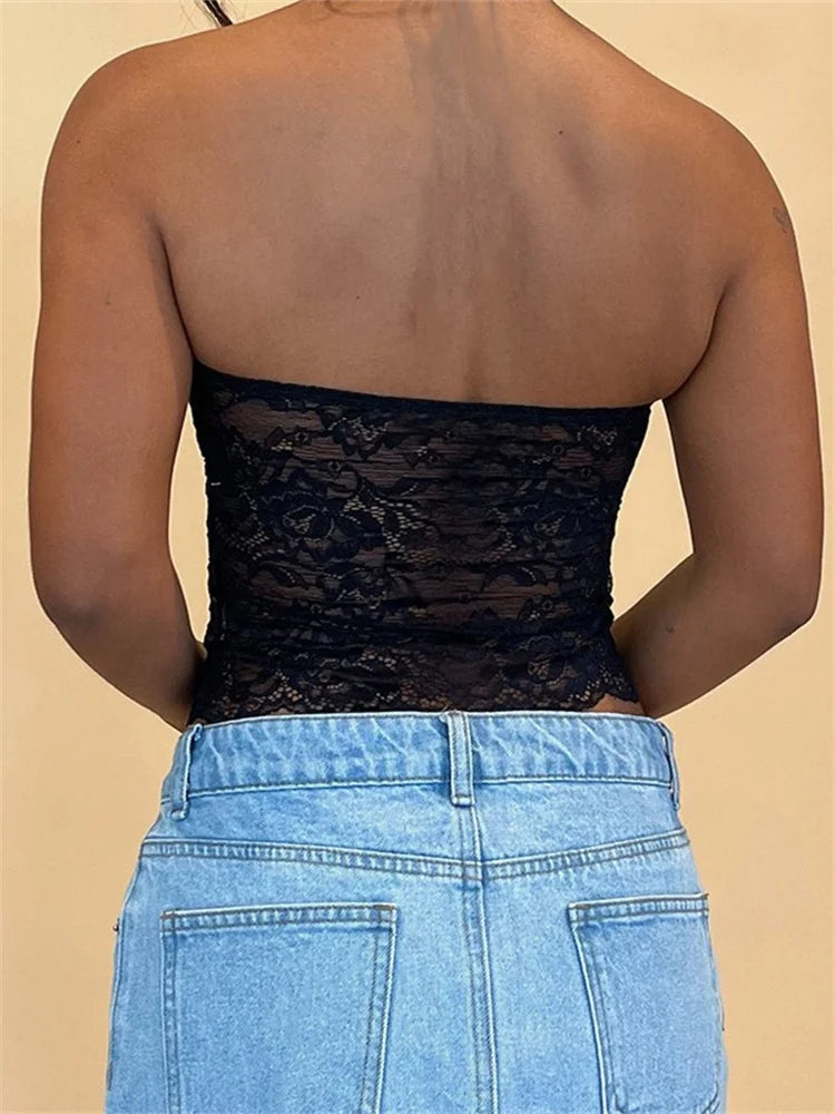 Lace Patchwork Floral Tube Summer Strapless Off Shoulder Cropped Backless Streetwear Aesthetic Grunge Tank Crop Top