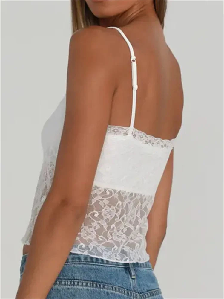 Lace See Through Patchwork Sleeveless Strap Cropped Aesthetic Backless Slim Fit Vest Streetwear Crop Top