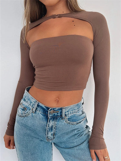 Long Sleeve Cutout Crop Casual Fashion Solid Color Backless Slim Fit T-shirts