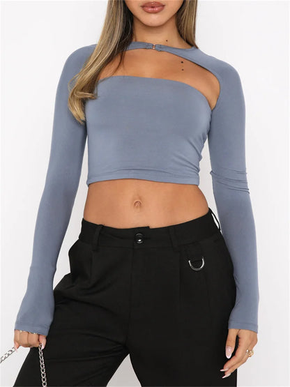 Long Sleeve Cutout Crop Casual Fashion Solid Color Backless Slim Fit T-shirts