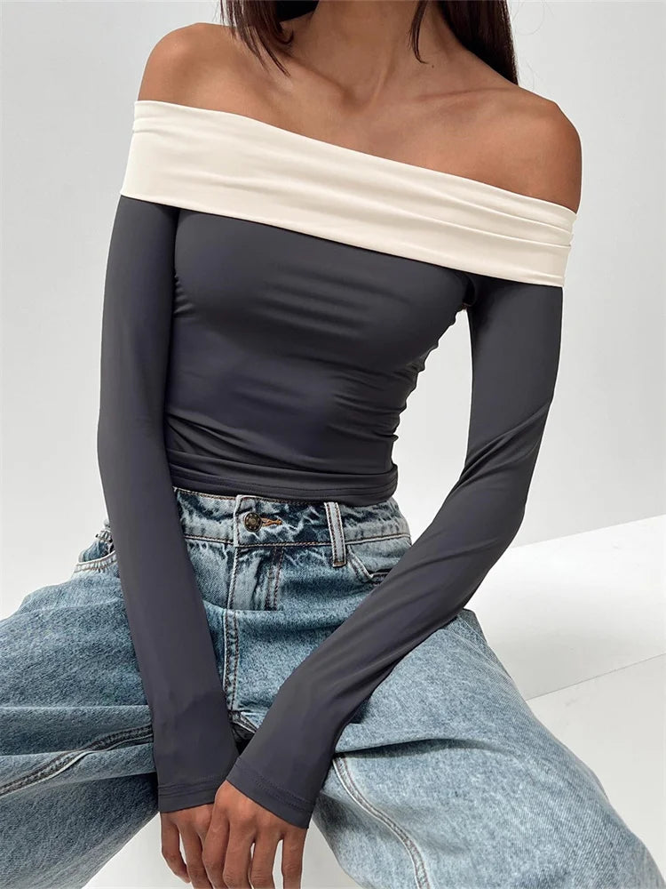 Long Sleeve Crop Contrast Color Off-Shoulder Casual Club Streetwear Aesthetic T-shirts Main image