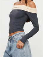 Long Sleeve Crop Contrast Color Off-Shoulder Casual Club Streetwear Aesthetic T-shirts