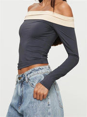 Long Sleeve Crop Contrast Color Off-Shoulder Casual Club Streetwear Aesthetic T-shirts