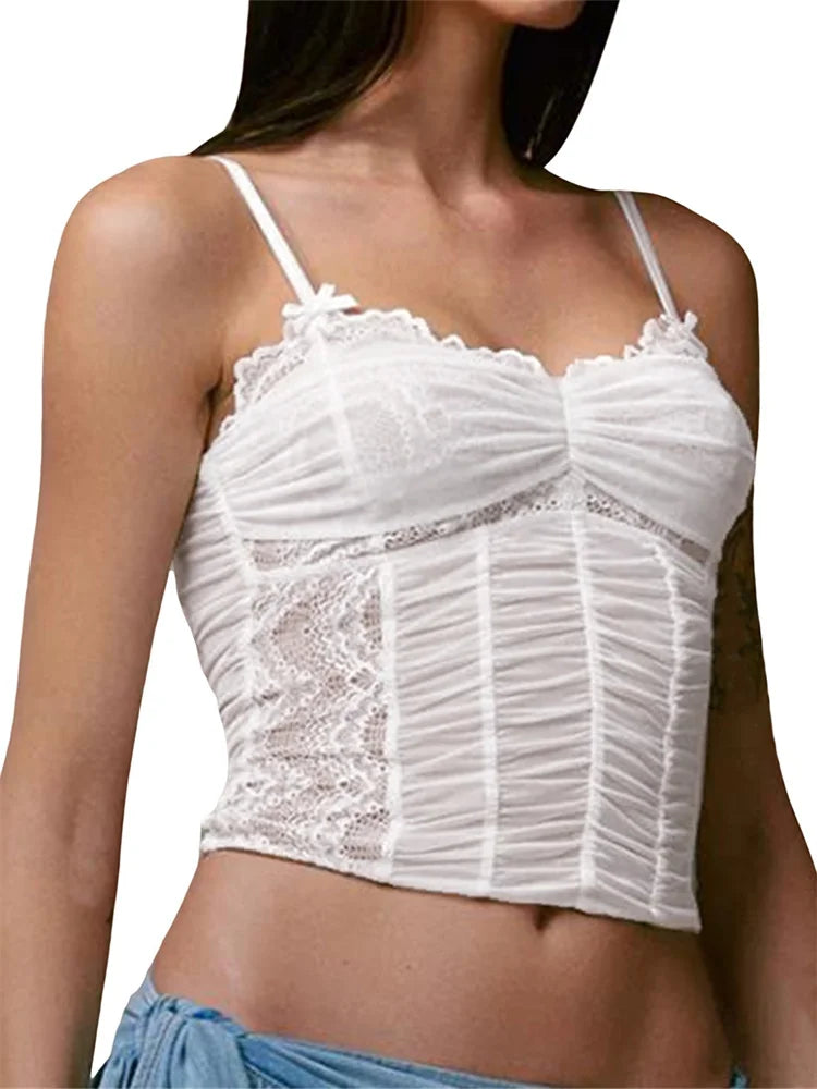 Mesh Sleeveless Spaghetti Strap Lace Patchwork Summer Ruched Slim Fit Mini Vest Streetwear Crop Top Main image