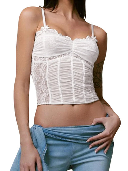 Mesh Sleeveless Spaghetti Strap Lace Patchwork Summer Ruched Slim Fit Mini Vest Streetwear Crop Top