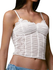 Mesh Sleeveless Spaghetti Strap Lace Patchwork Summer Ruched Slim Fit Mini Vest Streetwear Crop Top