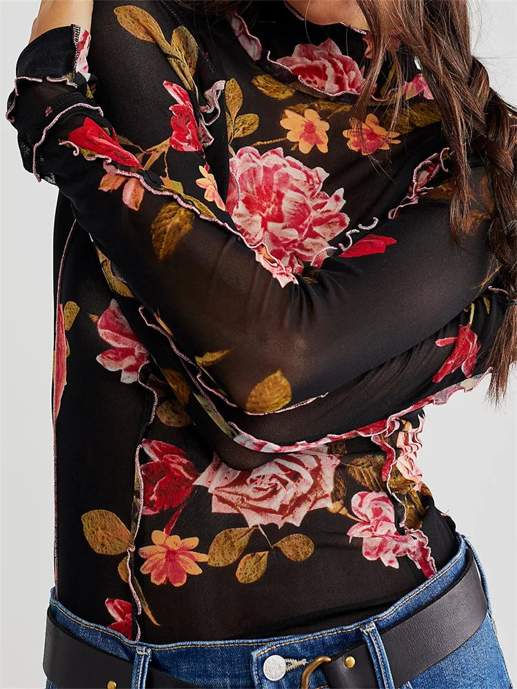 Mesh Slim Fit Ruched Ruffles Floral Print Long Sleeve High Neck Spring Summer T-shirts