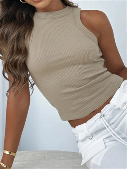 Ribbed Casual Sleeveless Summer Solid Slim Fit Pullovers Mini Vest Female Streetwear Basic Tops Crop Top