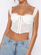 See Through Mesh Sheer Camisoles  Lace Slim Fit Low Cut Square Neck Buttons Vest Streetwear Crop Top