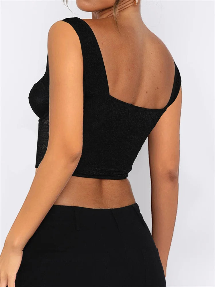 See Through Mesh Sheer Camisoles Sexy Lace Slim Fit Low Cut Square Neck Buttons Vest Streetwear Crop Top