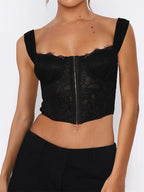 See Through Mesh Sheer Camisoles  Lace Slim Fit Low Cut Square Neck Buttons Vest Streetwear Crop Top