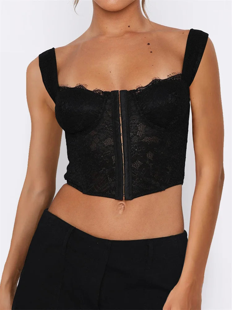 See Through Mesh Sheer Camisoles Sexy Lace Slim Fit Low Cut Square Neck Buttons Vest Streetwear Crop Top