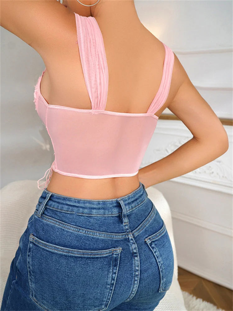 Bustiers Corsets Push Up Floral Embroidery Mesh See Through Camisole Y2K Spaghetti Strap Slim Tops Crop Top