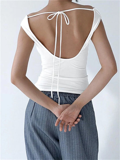 Women Solid Off Shoulder Backless Tie-Up Summer Casual Top Streetwear 2024 T-shirts