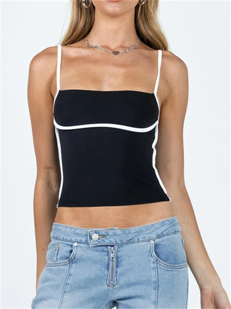 Women Sleeveless Spaghetti Strap Square Neck Contrast Color Slim Fit Basic Black Mini Vest 2024 Crop Top Main image