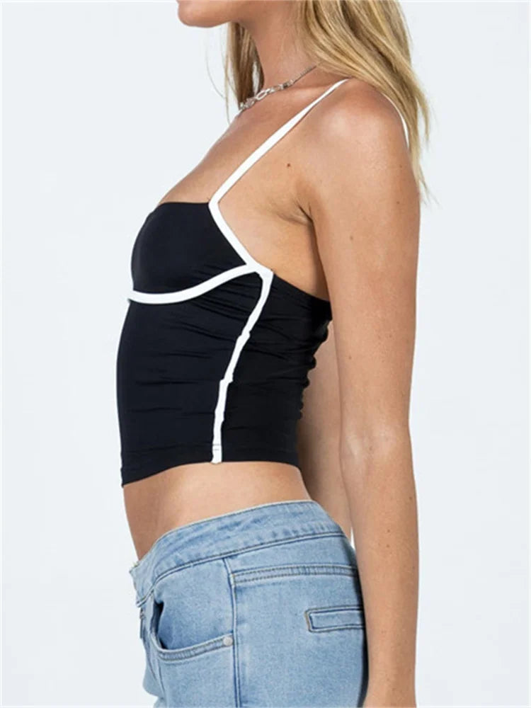 Women Sleeveless Spaghetti Strap Square Neck Contrast Color Slim Fit Basic Black Mini Vest 2024 Crop Top