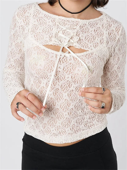 Women Sleeveless Strap Lace Mesh Round Neck See Through Mini Vest With Long Sleeve Tie-up Shrugs 2024 Crop Top