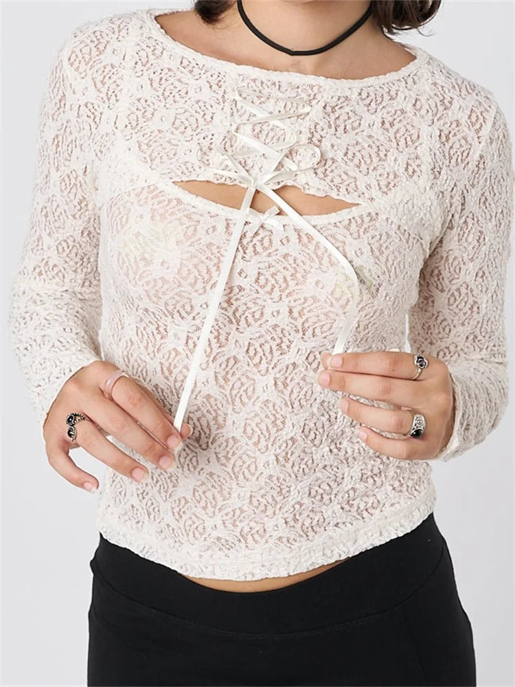 Women Sleeveless Strap Lace Mesh Round Neck See Through Mini Vest With Long Sleeve Tie-up Shrugs 2024 Crop Top Main image